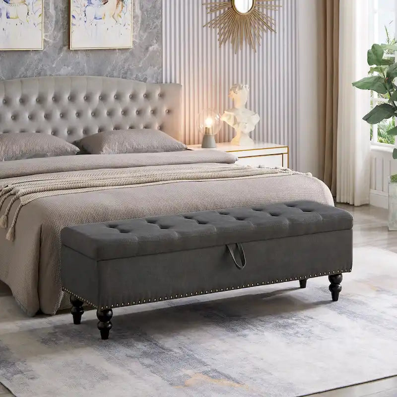 Button-Tufted Fabric Storage Bench with Solid Wood Legs and Bronze Nail Trim