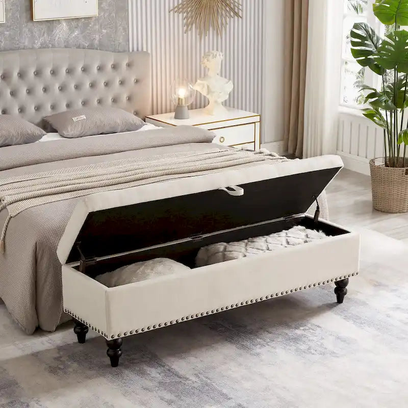 Button-Tufted Fabric Storage Bench with Solid Wood Legs and Bronze Nail Trim