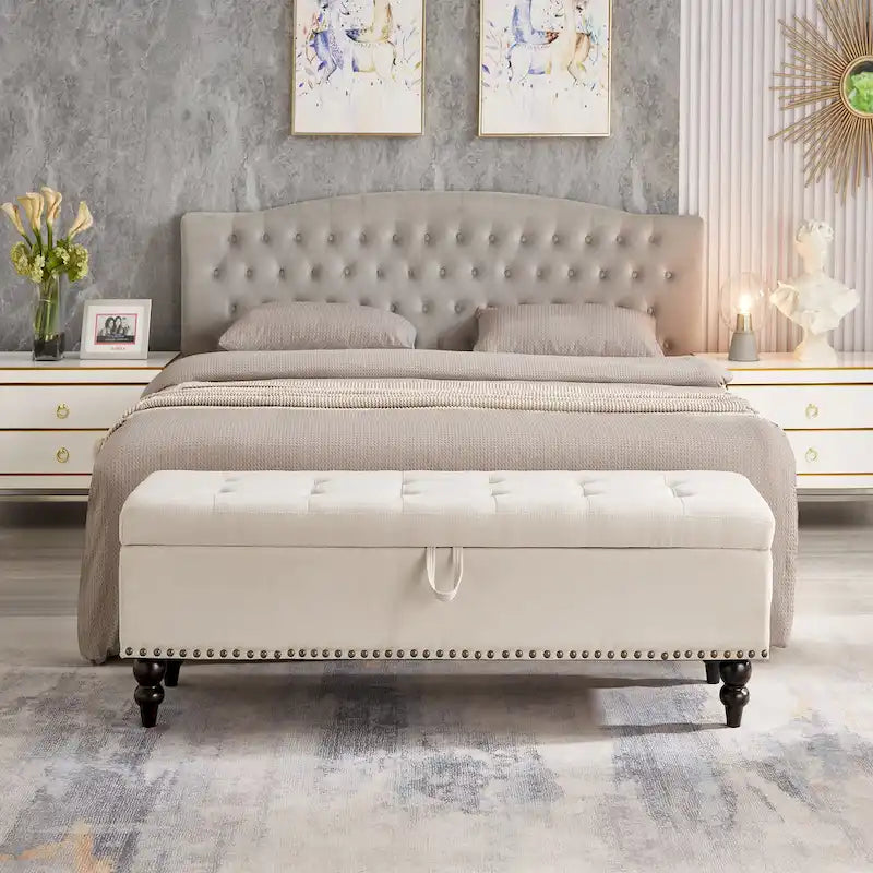Button-Tufted Fabric Storage Bench with Solid Wood Legs and Bronze Nail Trim