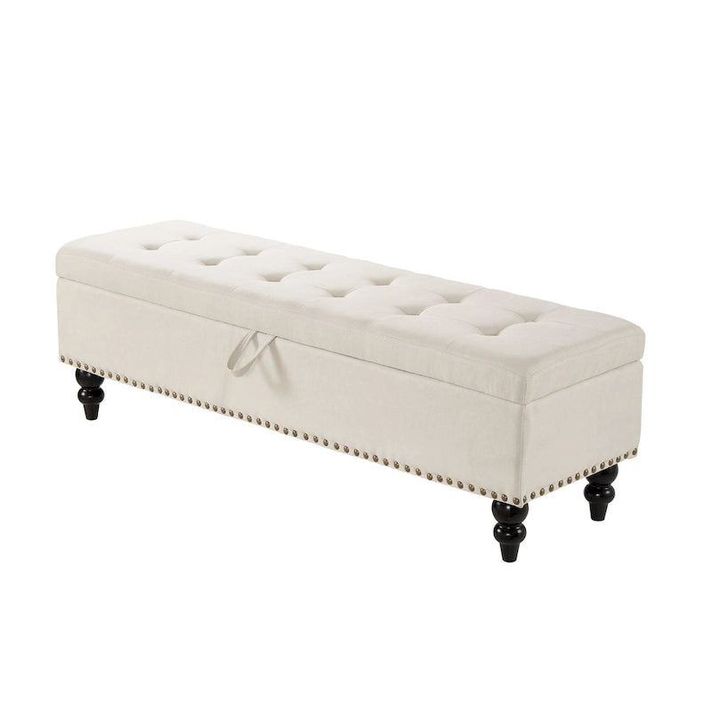 Button-Tufted Fabric Storage Bench with Solid Wood Legs and Bronze Nail Trim
