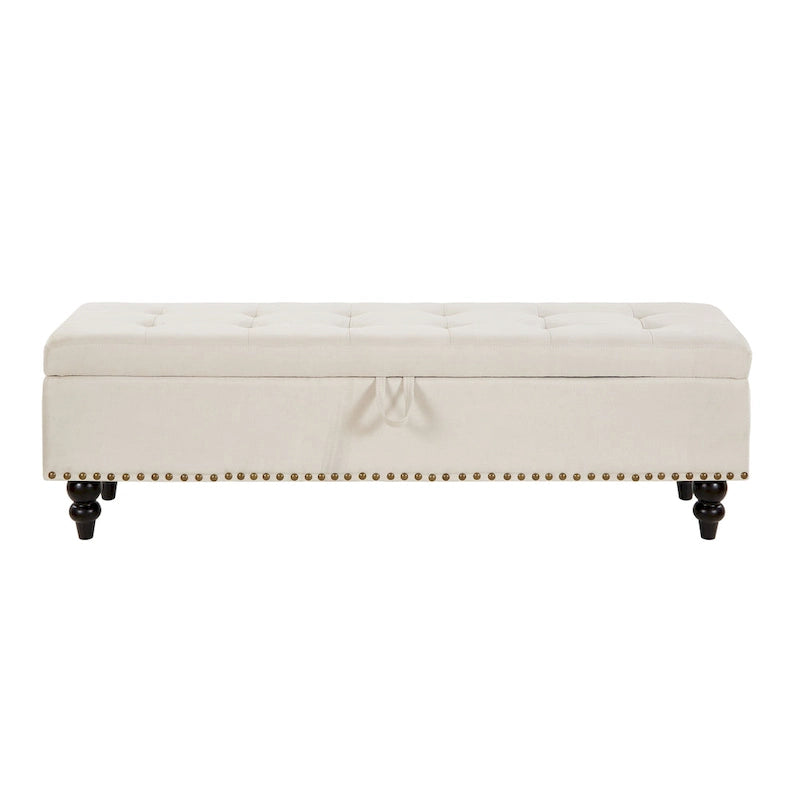 Button-Tufted Fabric Storage Bench with Solid Wood Legs and Bronze Nail Trim