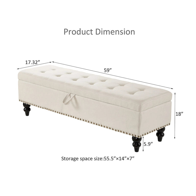 Button-Tufted Fabric Storage Bench with Solid Wood Legs and Bronze Nail Trim