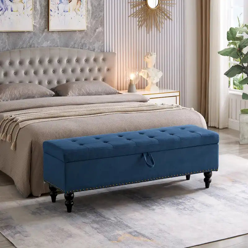 Button-Tufted Fabric Storage Bench with Solid Wood Legs and Bronze Nail Trim
