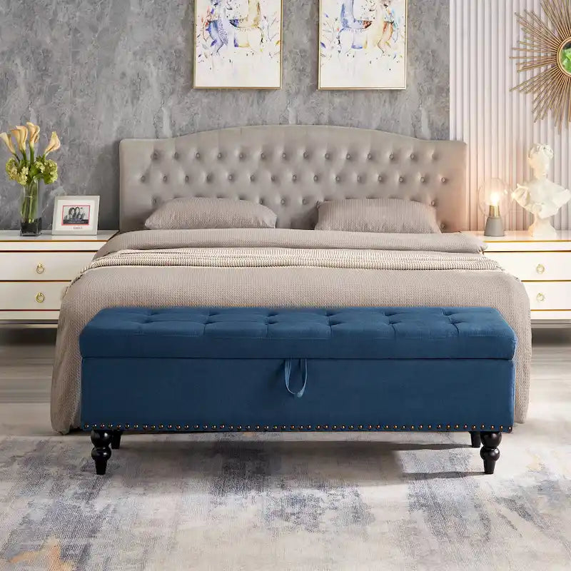Button-Tufted Fabric Storage Bench with Solid Wood Legs and Bronze Nail Trim