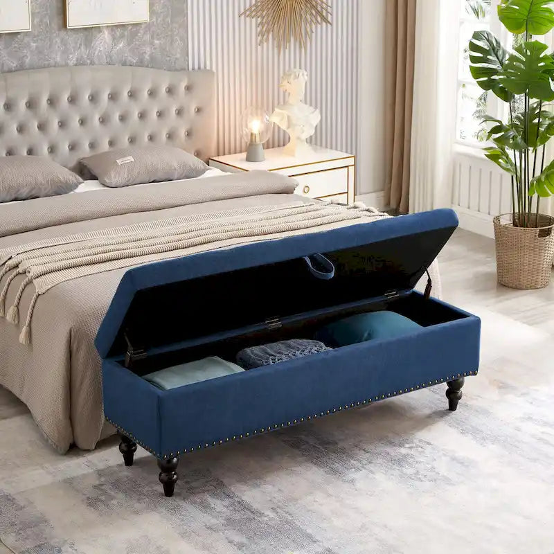 Button-Tufted Fabric Storage Bench with Solid Wood Legs and Bronze Nail Trim