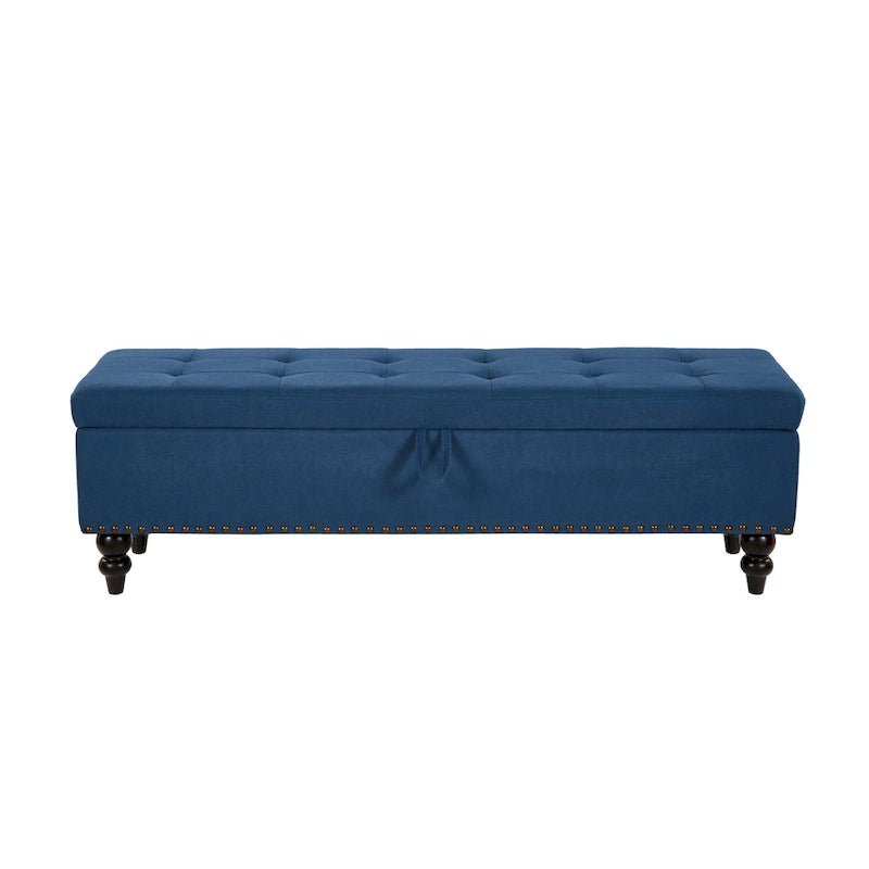 Button-Tufted Fabric Storage Bench with Solid Wood Legs and Bronze Nail Trim