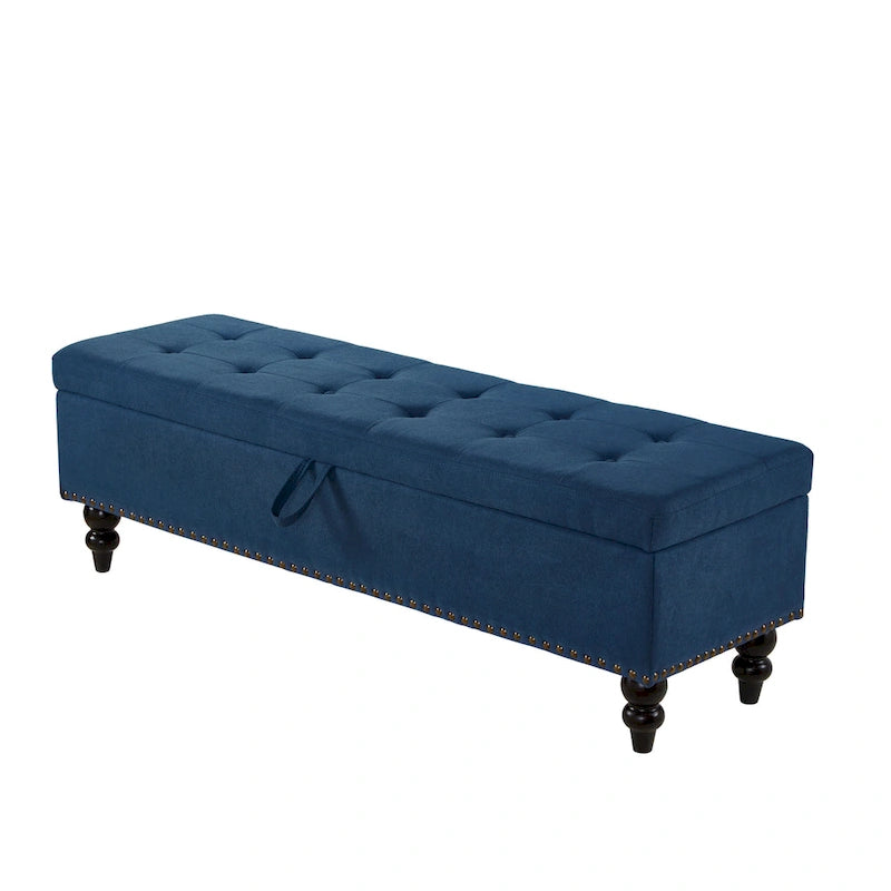 Button-Tufted Fabric Storage Bench with Solid Wood Legs and Bronze Nail Trim