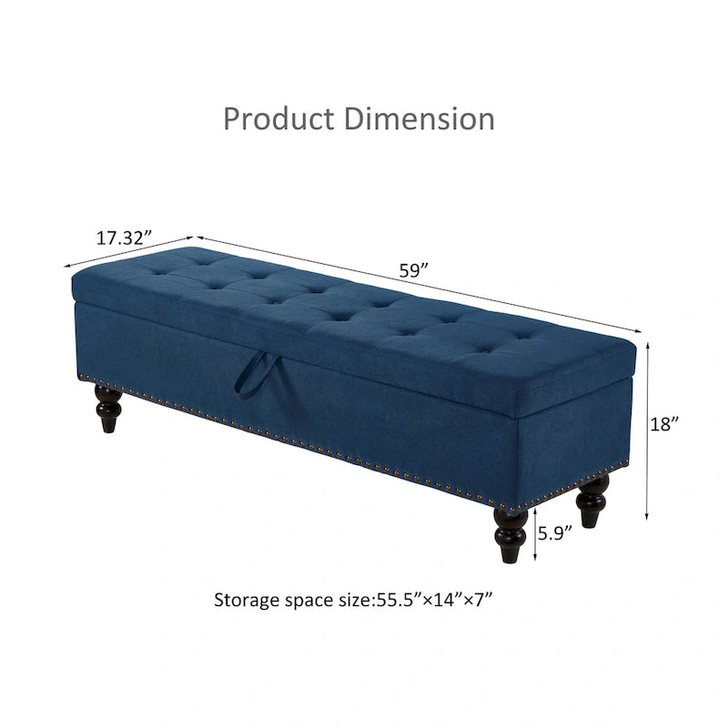 Button-Tufted Fabric Storage Bench with Solid Wood Legs and Bronze Nail Trim