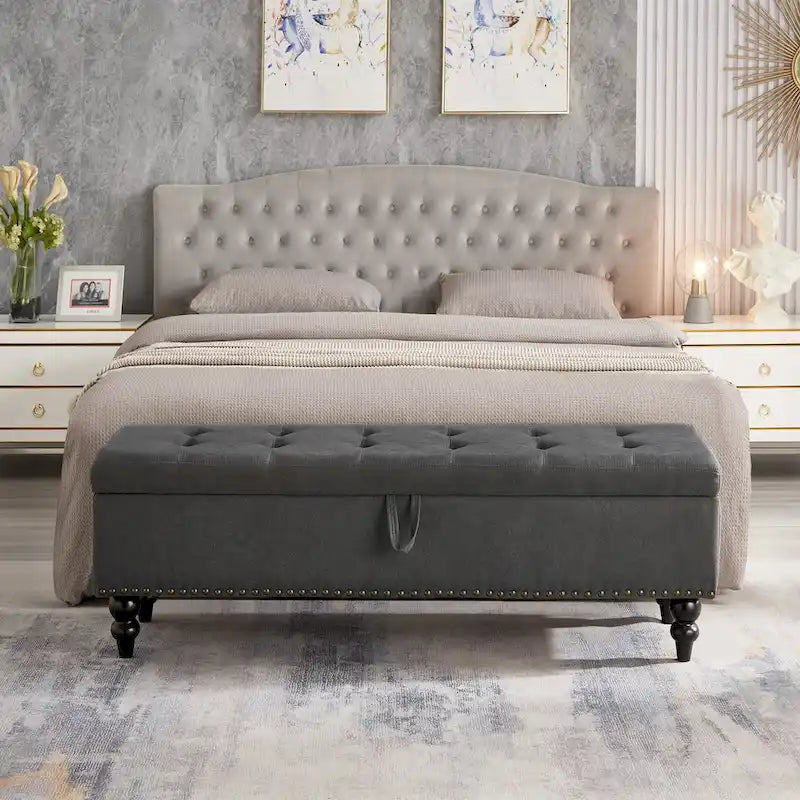 Button-Tufted Fabric Storage Bench with Solid Wood Legs and Bronze Nail Trim