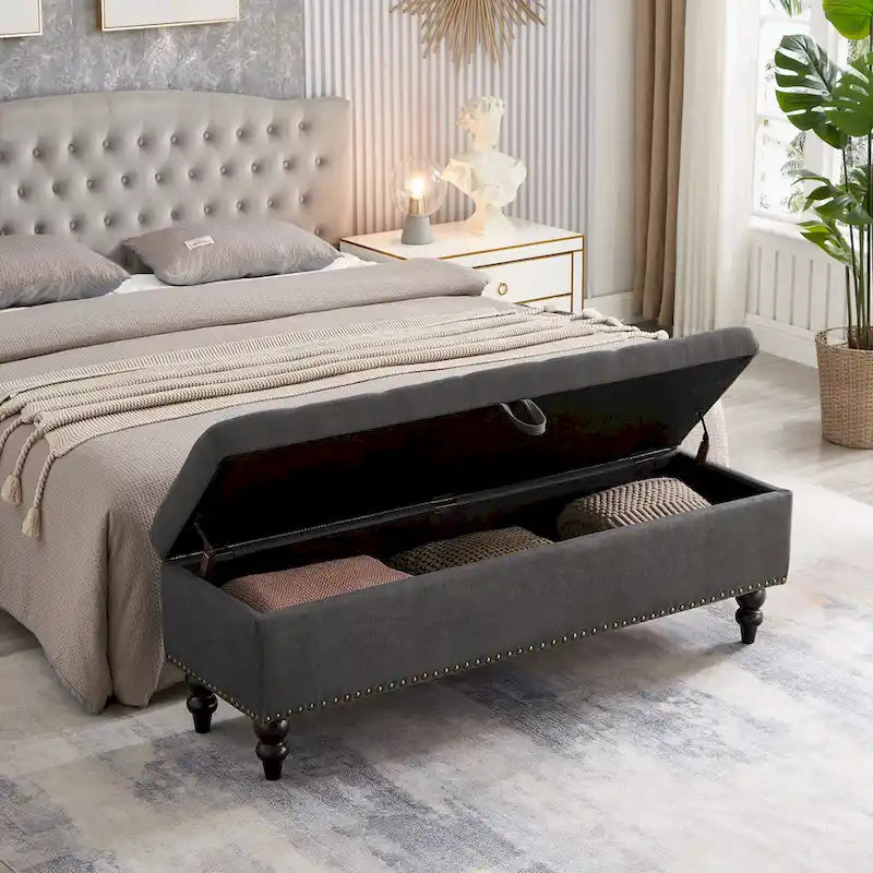 Button-Tufted Fabric Storage Bench with Solid Wood Legs and Bronze Nail Trim