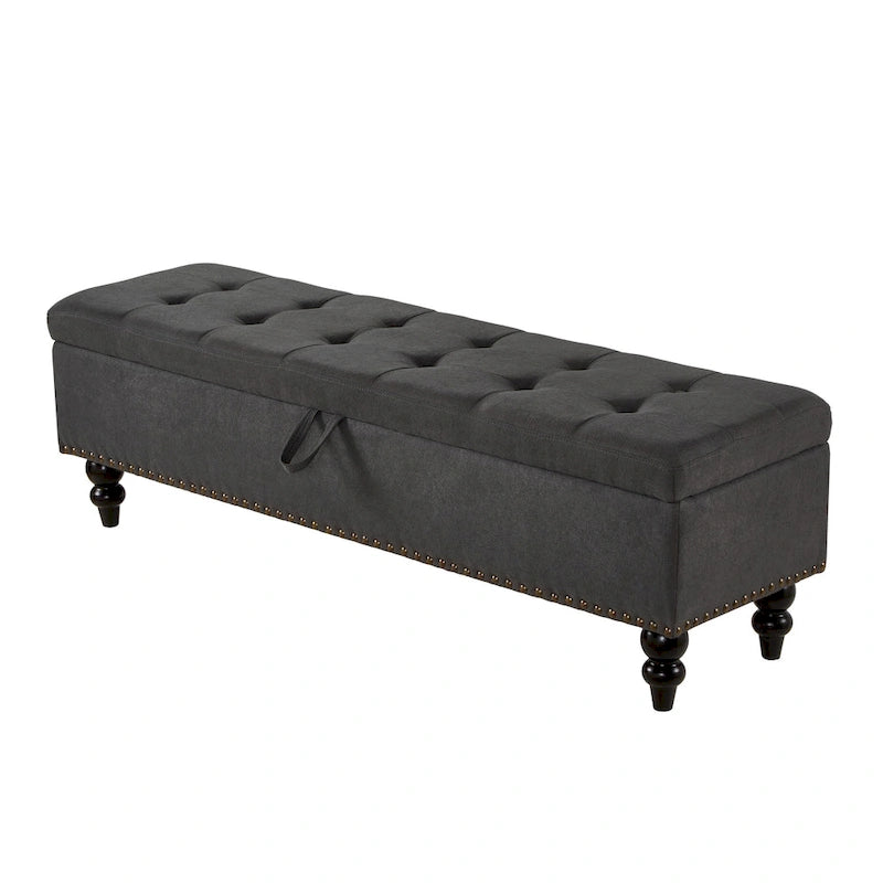 Button-Tufted Fabric Storage Bench with Solid Wood Legs and Bronze Nail Trim