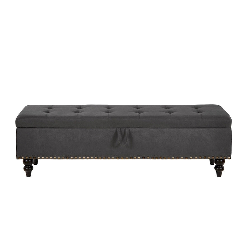 Button-Tufted Fabric Storage Bench with Solid Wood Legs and Bronze Nail Trim
