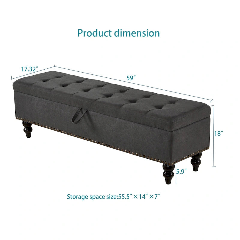 Button-Tufted Fabric Storage Bench with Solid Wood Legs and Bronze Nail Trim