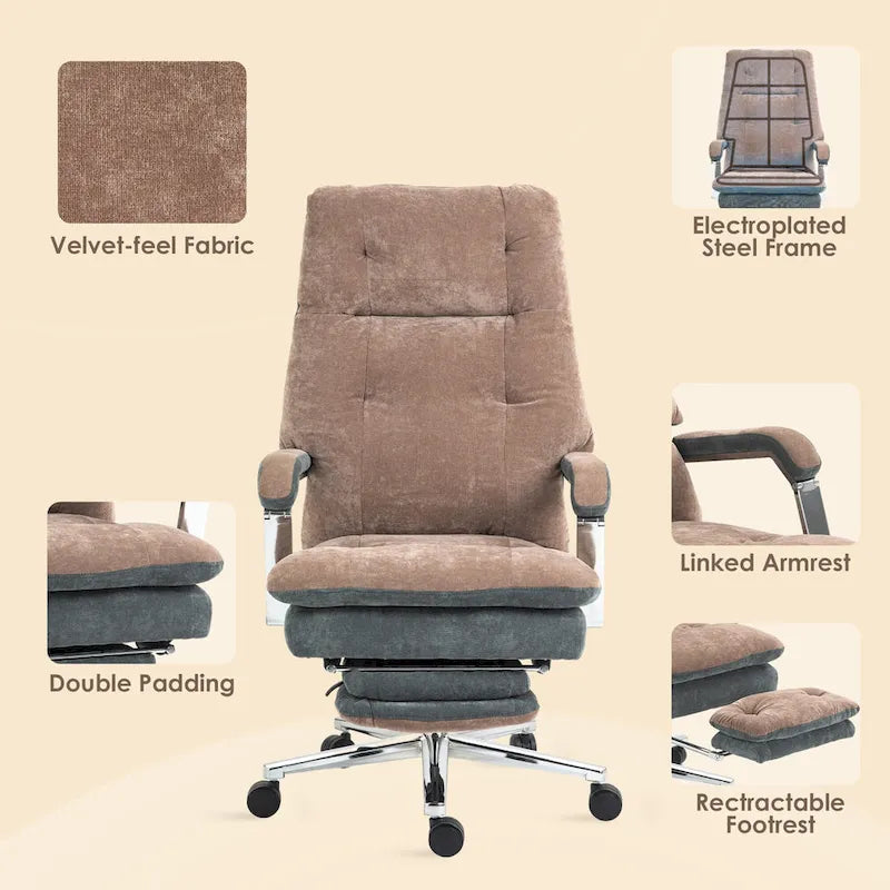 Coffee Oversized Velvet Office Recliner Chair with Footrest and Swivel Wheels