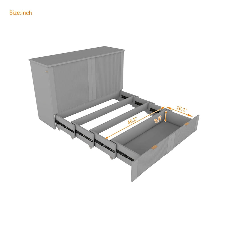 Grey Full Size Murphy Wall Bed with Drawer Cabinet and Built-in Sockets