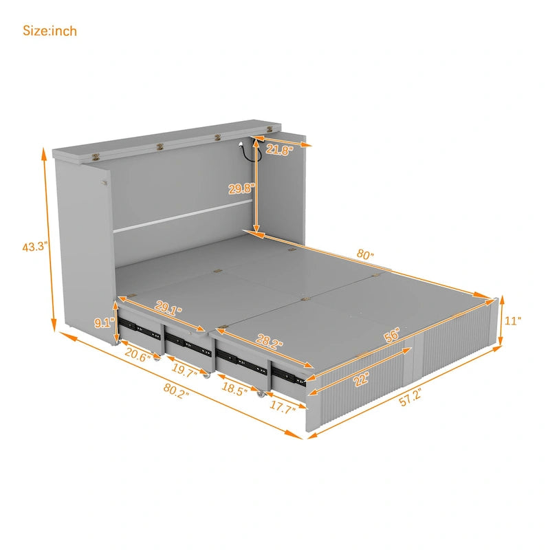 Grey Full Size Murphy Wall Bed with Drawer Cabinet and Built-in Sockets