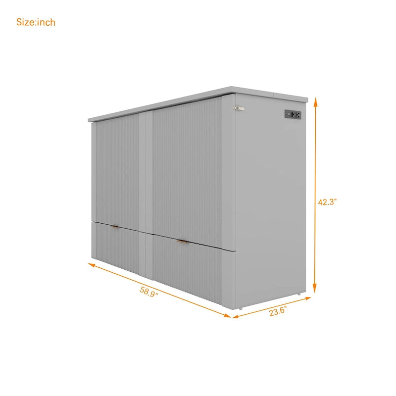 Grey Full Size Murphy Wall Bed with Drawer Cabinet and Built-in Sockets