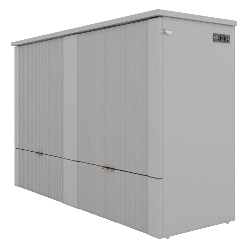 Grey Full Size Murphy Wall Bed with Drawer Cabinet and Built-in Sockets