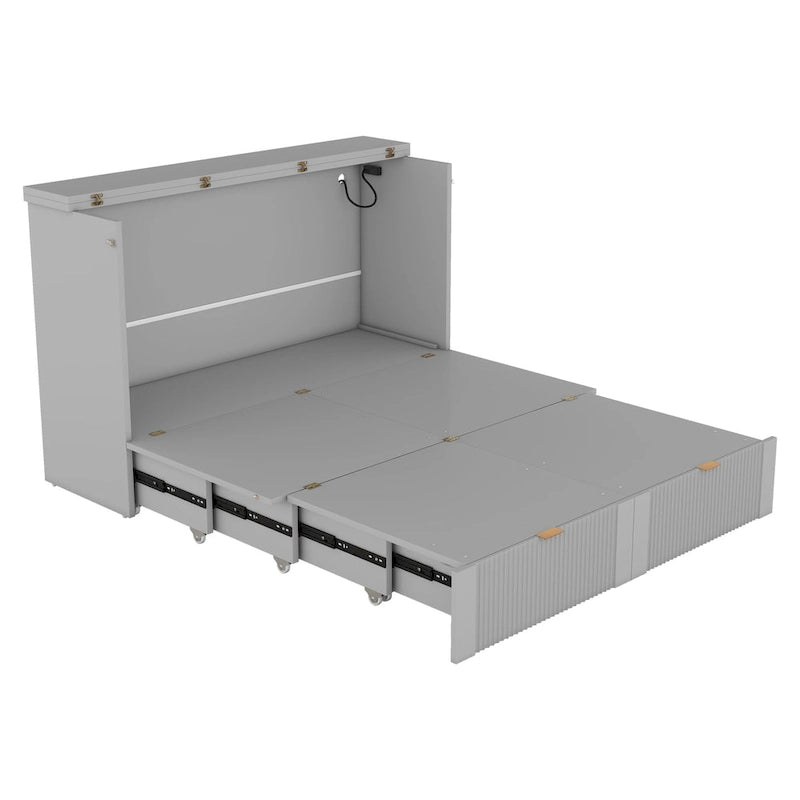 Grey Full Size Murphy Wall Bed with Drawer Cabinet and Built-in Sockets