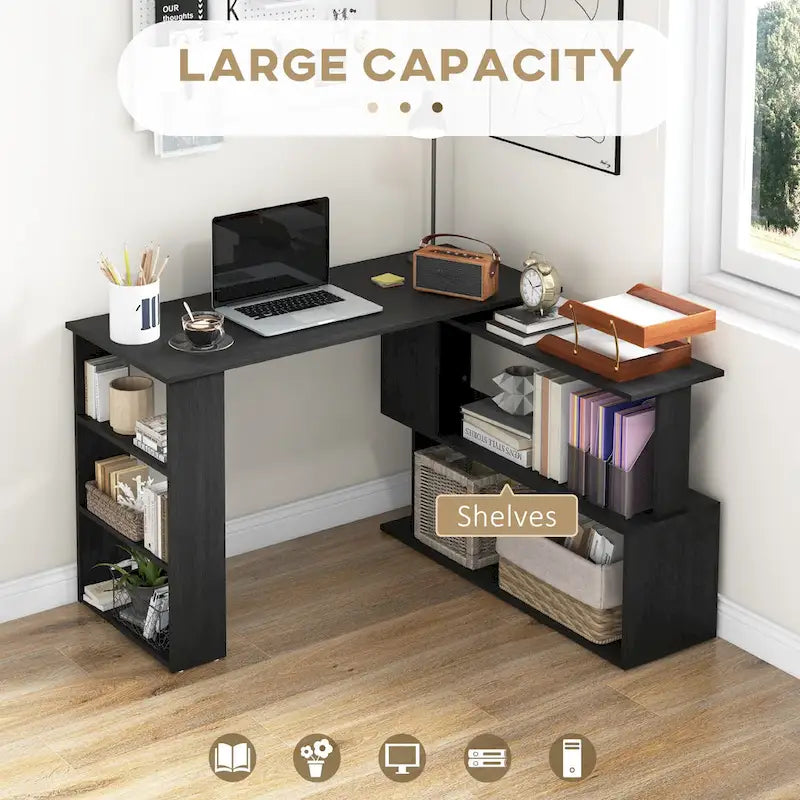 Modern L Shaped Computer Desk with 360 Rotating Support and Built In Shelves for Home Office or Bedroom