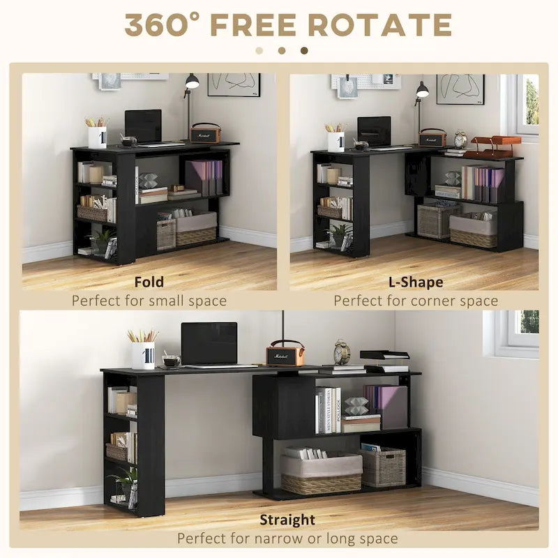 L-Shaped Computer Desk with 360 Rotating Design and Built-In Shelves