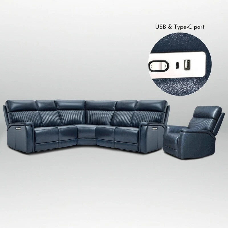 105 W Genuine Leather Power Reclining Sectional and Recliner Sofa Set with USB&USB-C Port, 2 Stationary Armlesschairs