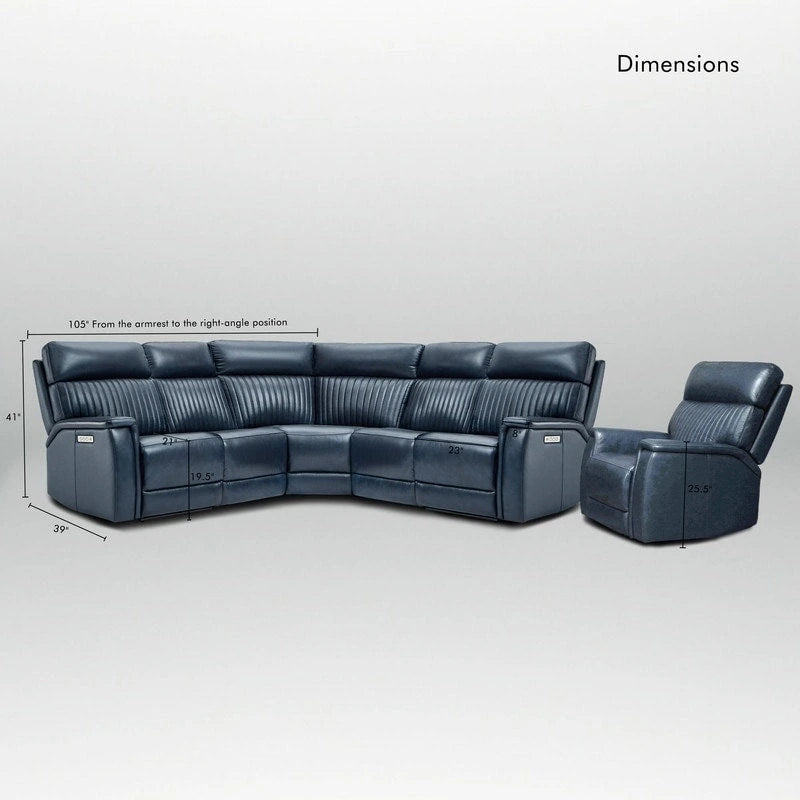 105 W Genuine Leather Power Reclining Sectional and Recliner Sofa Set with USB&USB-C Port, 2 Stationary Armlesschairs