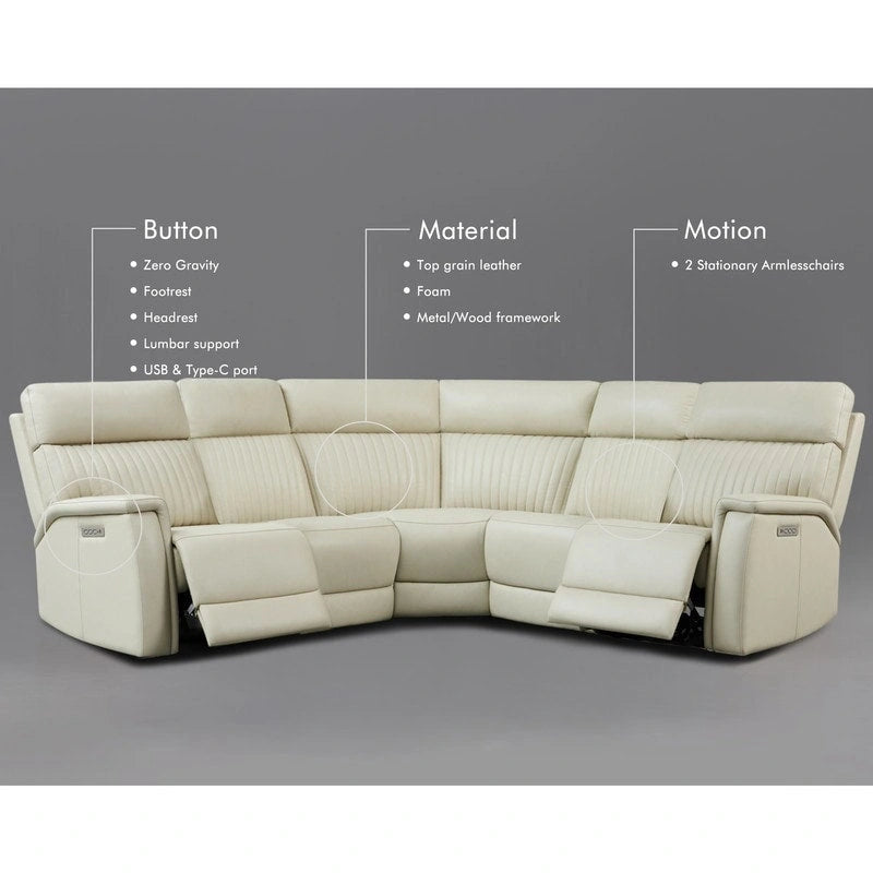 105 W Genuine Leather Power Reclining Sectional and Recliner Sofa Set with USB&USB-C Port, 2 Stationary Armlesschairs