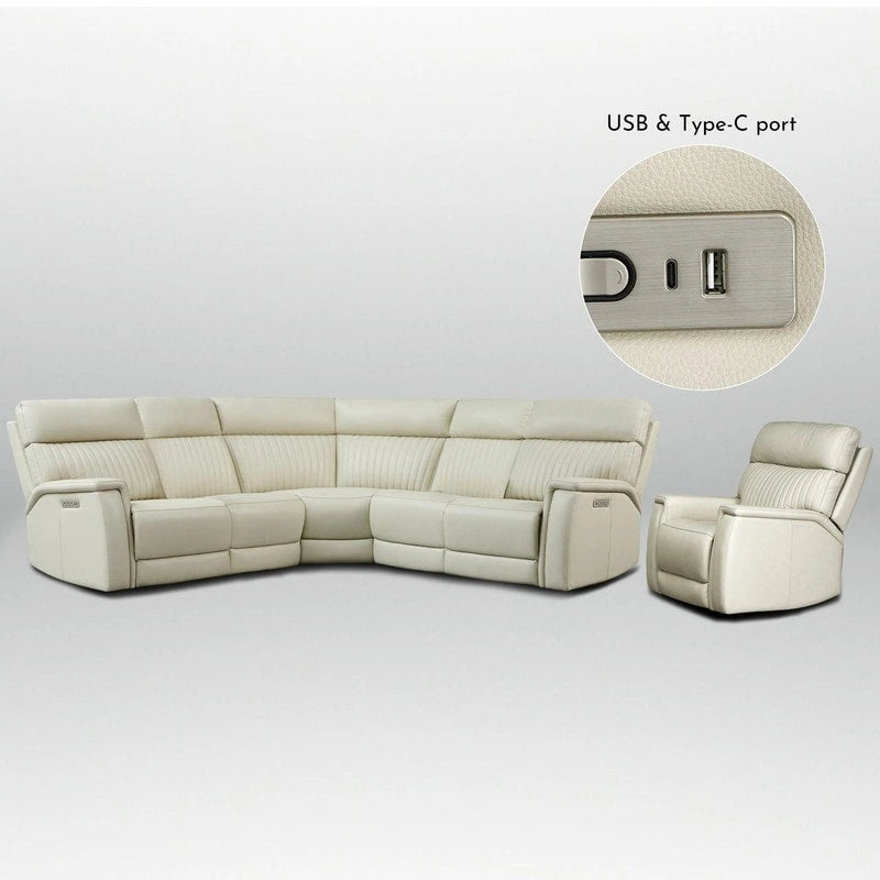 105 W Genuine Leather Power Reclining Sectional and Recliner Sofa Set with USB&USB-C Port, 2 Stationary Armlesschairs