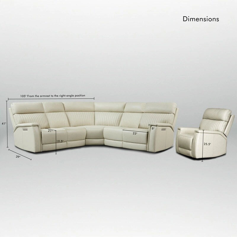 105 W Genuine Leather Power Reclining Sectional and Recliner Sofa Set with USB&USB-C Port, 2 Stationary Armlesschairs