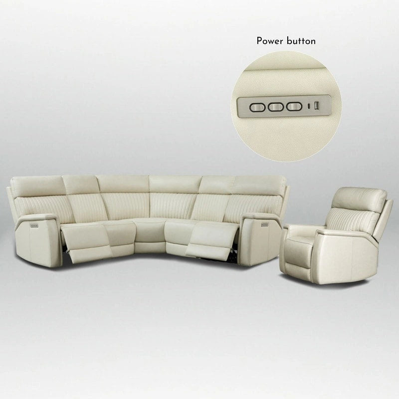 105 W Genuine Leather Power Reclining Sectional and Recliner Sofa Set with USB&USB-C Port, 2 Stationary Armlesschairs