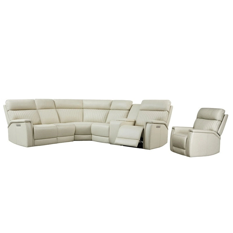 105 W Genuine Leather Power Reclining Sectional and Recliner Sofa Set with USB&USB-C Port, 2 Stationary Armlesschairs