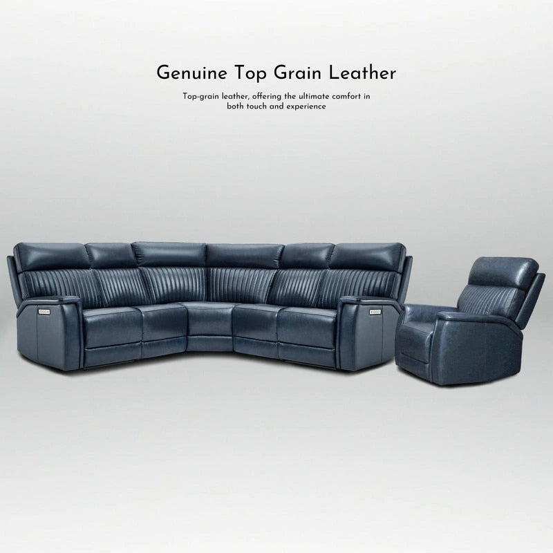 105 W Genuine Leather Power Reclining Sectional and Recliner Sofa Set with USB&USB-C Port, 2 Stationary Armlesschairs