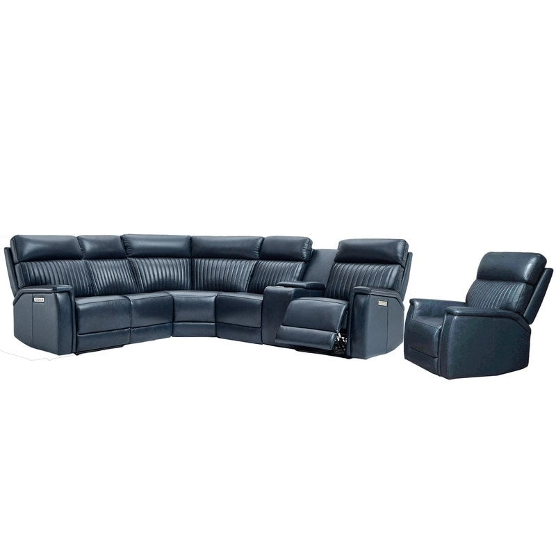 105 W Genuine Leather Power Reclining Sectional and Recliner Sofa Set with USB&USB-C Port, 2 Stationary Armlesschairs