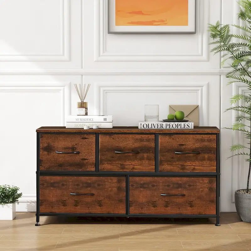 Modern Five-Drawer Fabric Dresser with Steel Frame and Wood Top