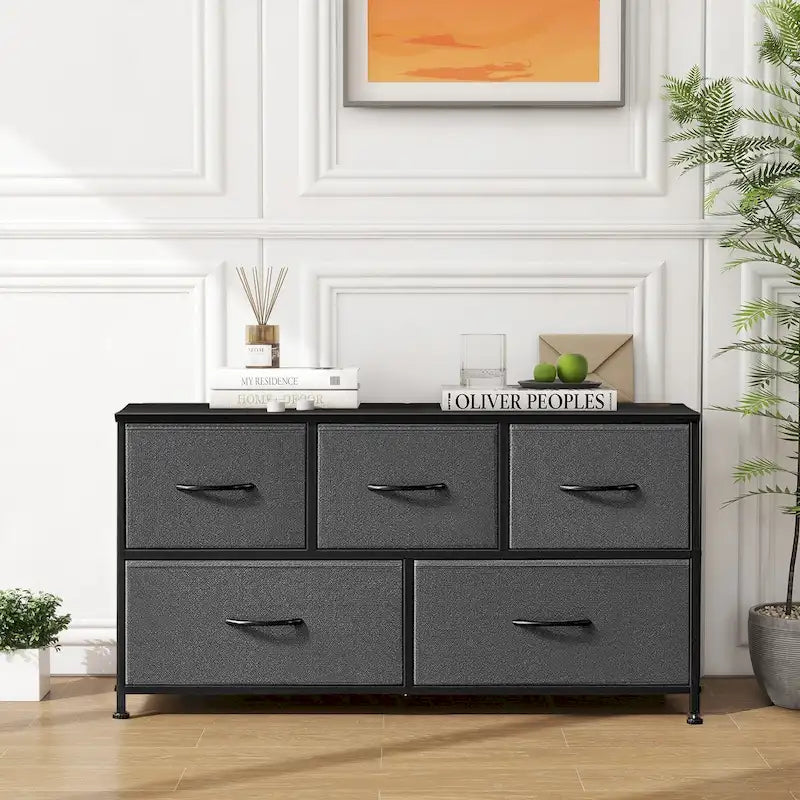 Modern Five-Drawer Fabric Dresser with Steel Frame and Wood Top