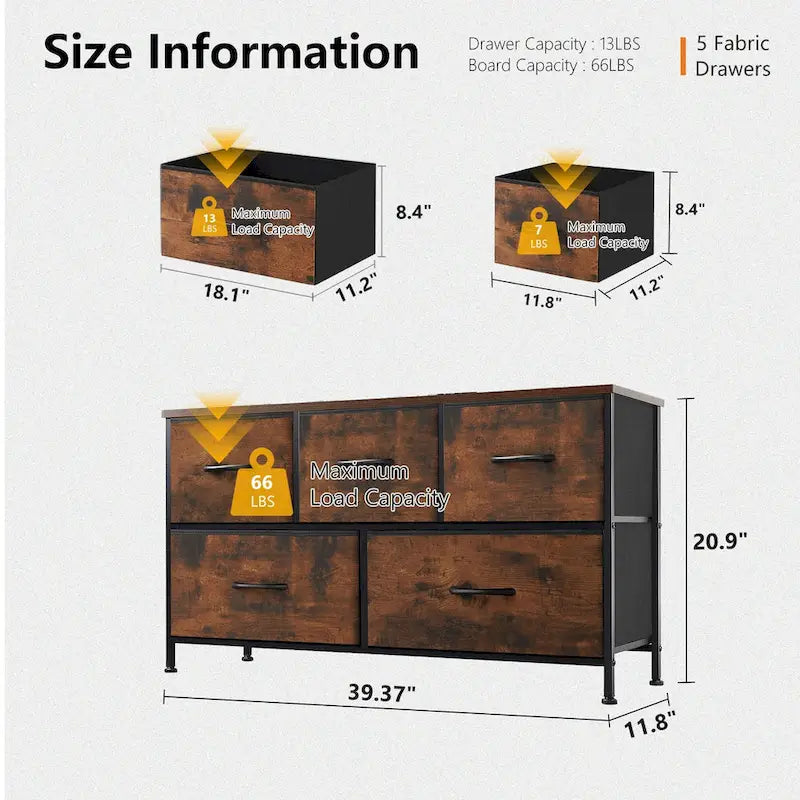 Modern Five-Drawer Fabric Dresser with Steel Frame and Wood Top
