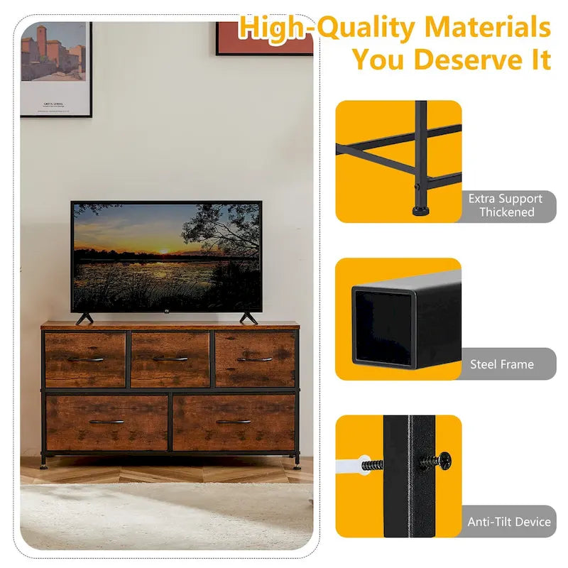 Modern Five-Drawer Fabric Dresser with Steel Frame and Wood Top