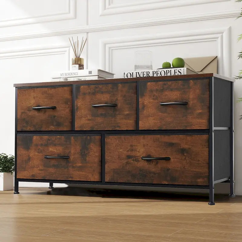 Modern Five-Drawer Fabric Dresser with Steel Frame and Wood Top