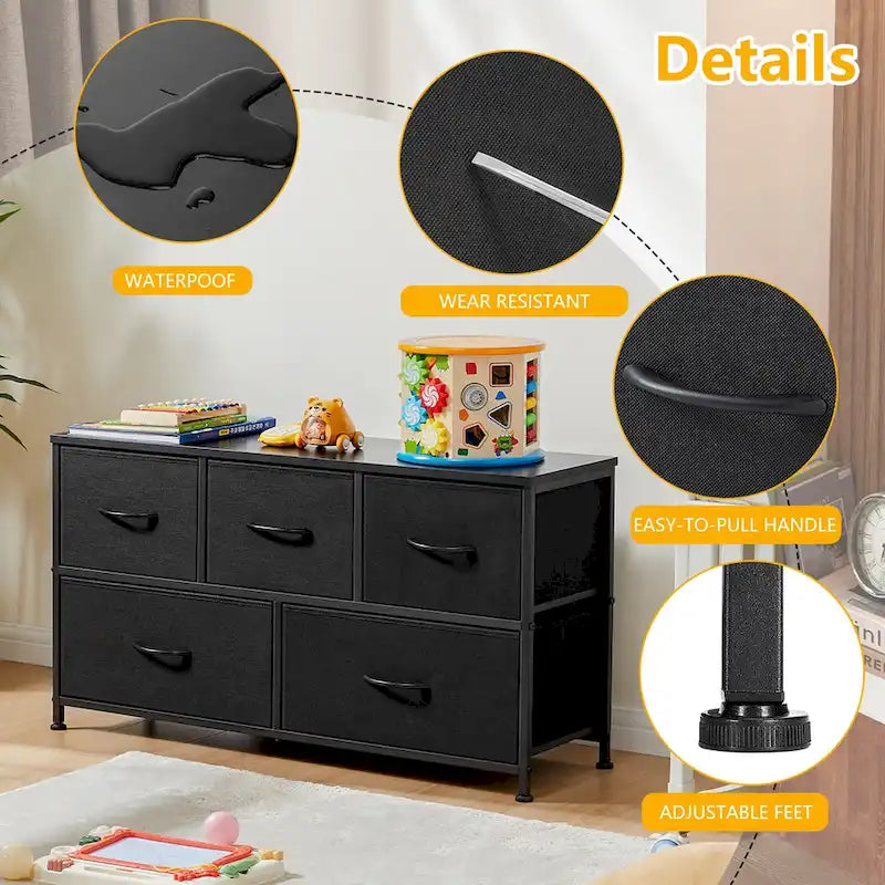 Modern Five-Drawer Fabric Dresser with Steel Frame and Wood Top
