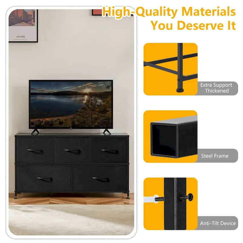 Modern Five-Drawer Fabric Dresser with Steel Frame and Wood Top