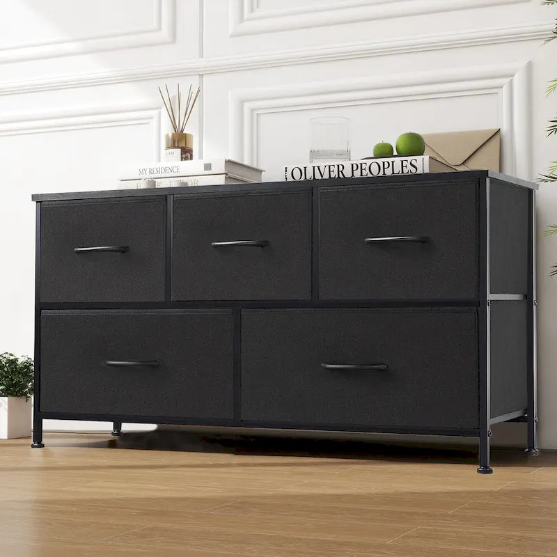 Modern Five-Drawer Fabric Dresser with Steel Frame and Wood Top