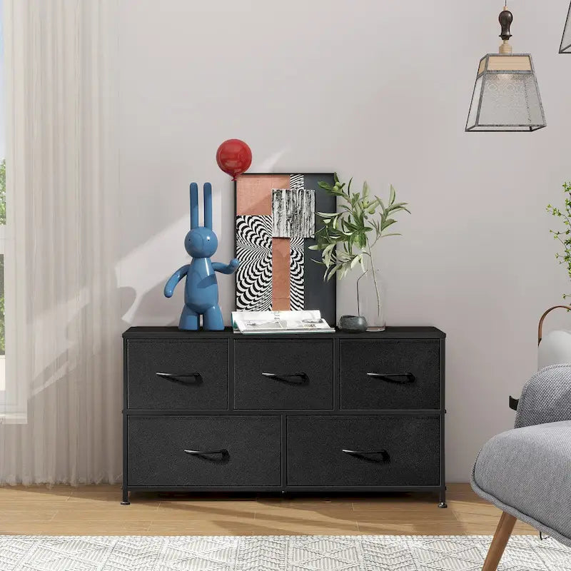 Modern Five-Drawer Fabric Dresser with Steel Frame and Wood Top