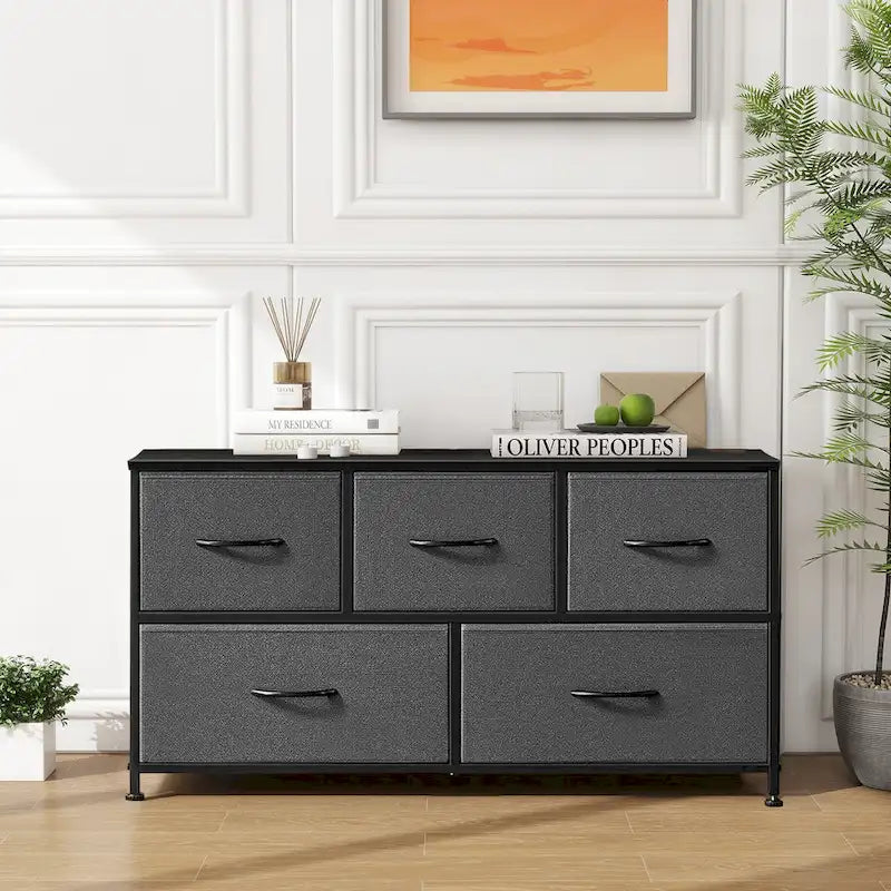 Modern Five-Drawer Fabric Dresser with Steel Frame and Wood Top
