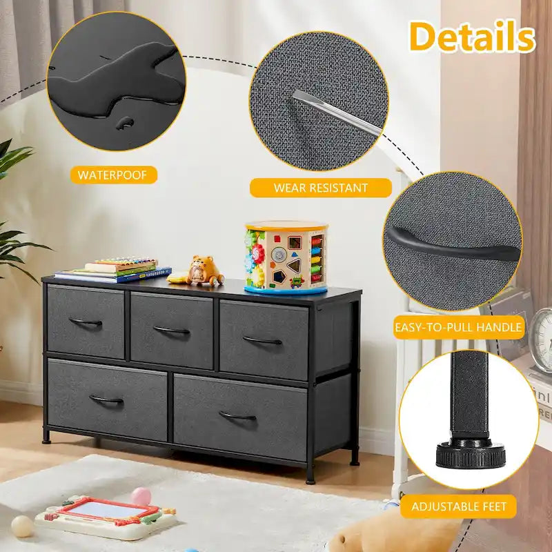 Modern Five-Drawer Fabric Dresser with Steel Frame and Wood Top