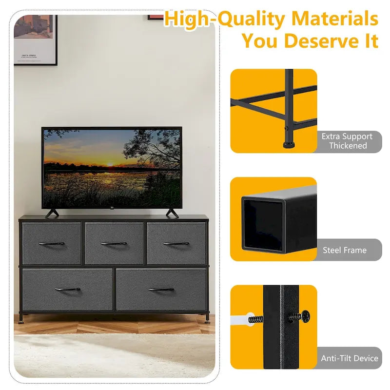 Modern Five-Drawer Fabric Dresser with Steel Frame and Wood Top