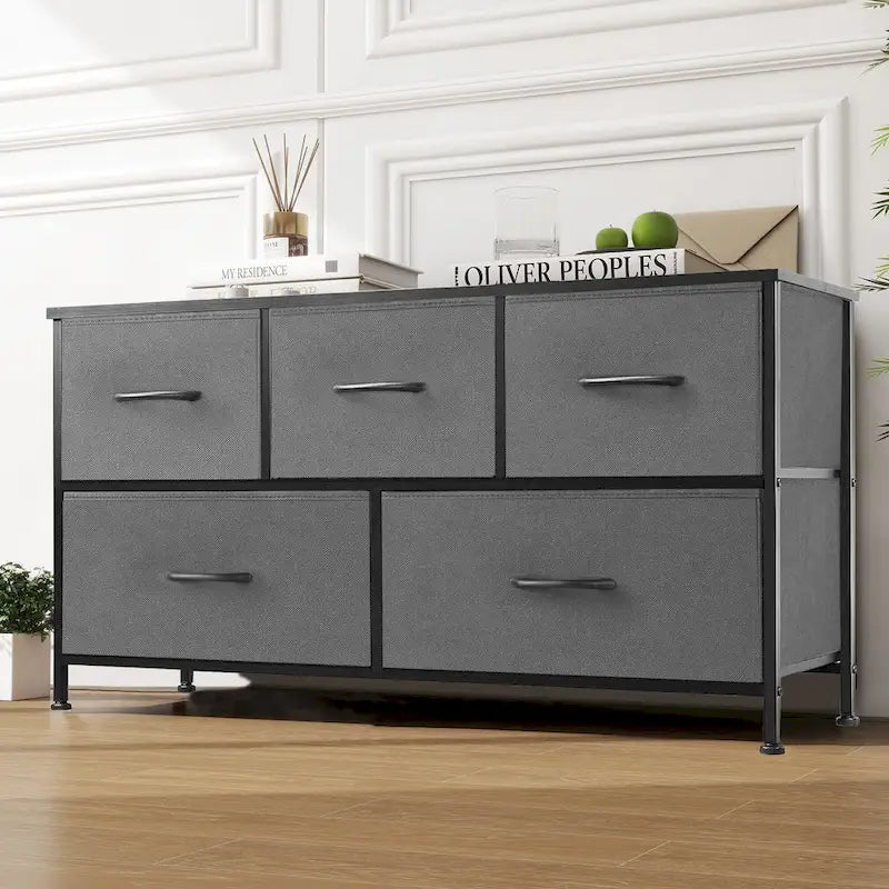 Modern Five-Drawer Fabric Dresser with Steel Frame and Wood Top
