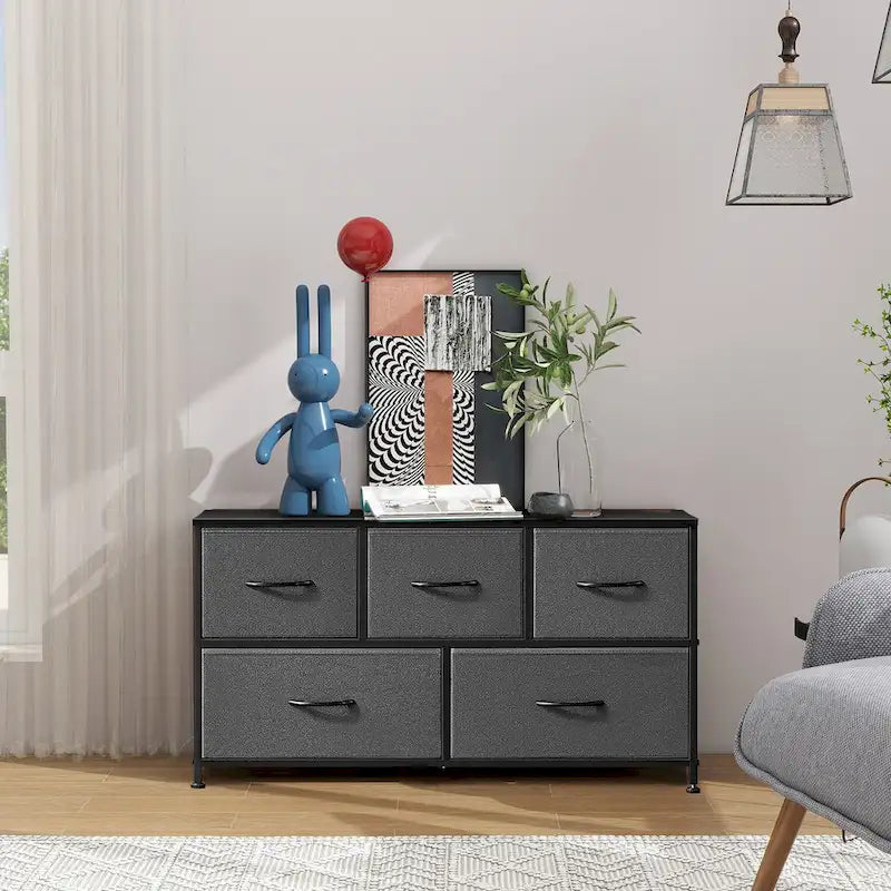 Modern Five-Drawer Fabric Dresser with Steel Frame and Wood Top