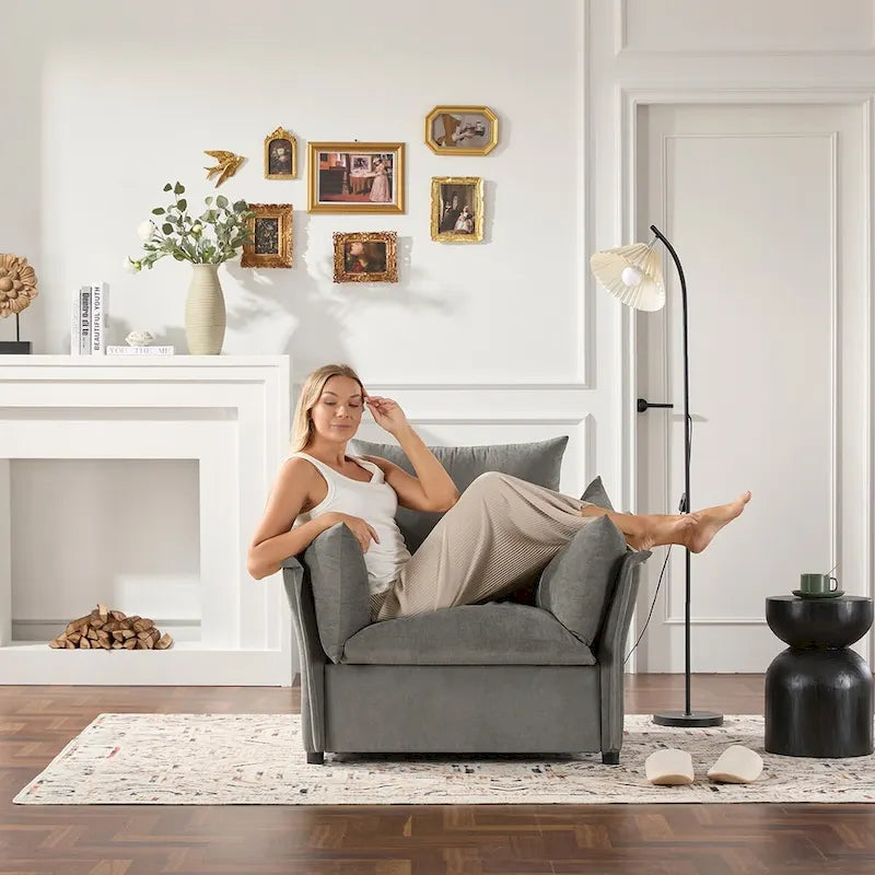 Oversized Chenille Lounge Armchair with High Backrest and Removable Cushions