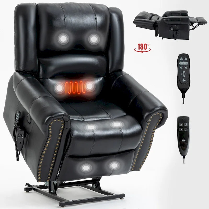 Brown Genuine Leather Power Lift Recliner Chair with Dual Motor, Heat Massage, USB Ports, and Infinite Recline